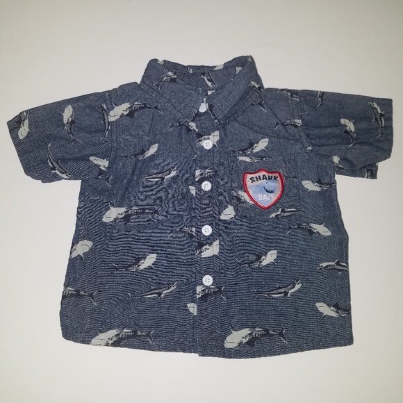 Shark Bait Blue Shirt Baby Boy 12 Months Button Front 100% Cotton Little Rebels - Picture 1 of 4